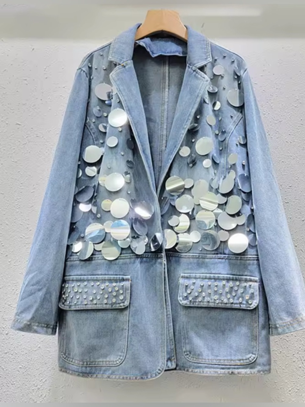 NEW $300 Sequin Embellished Light Wash Denim Blazer